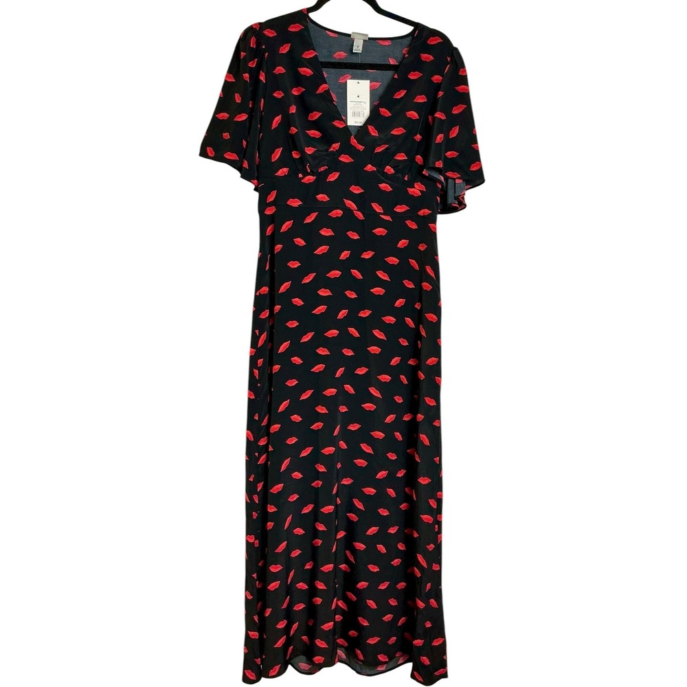 A New Day Black Red Lips Print V Neck Maxi Dress Flowy Flutter Sleeve Womens Sz8